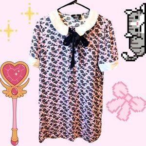 Unique Vintage Retro Inspired Floral Checker Print Babydoll Dress with Black Bow